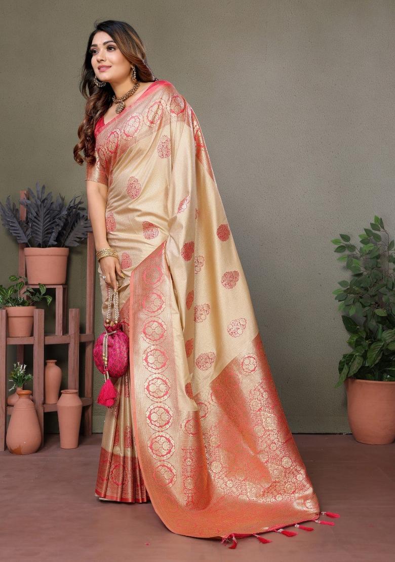 Cream Jacquard Weaving Viscose Silk Saree Set