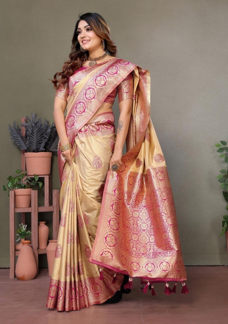 Cream Jacquard Weaving Viscose Silk Saree Set