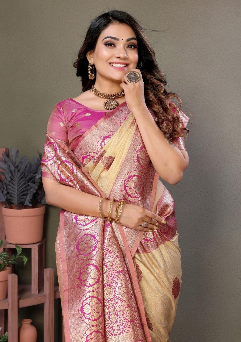 Cream Jacquard Weaving Viscose Silk Saree Set
