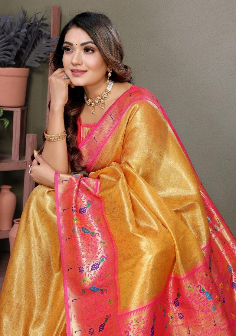 Yellow Jacquard Weaving Banarasi Silk Saree Set
