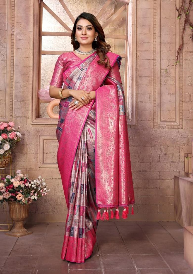 Multi Color Jacquard Weaving Banarasi Silk Saree Set