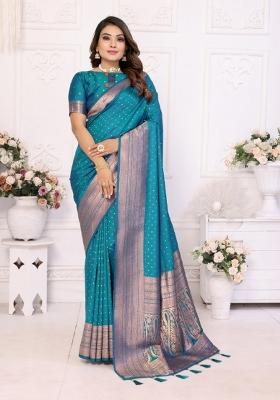 Rama Blue Jacquard Weaving Soft Silk Saree Set