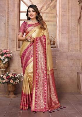 Cream Jacquard Weaving Banarasi Silk Saree Set
