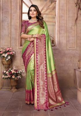 Parrot Green Jacquard Weaving Banarasi Silk Saree Set