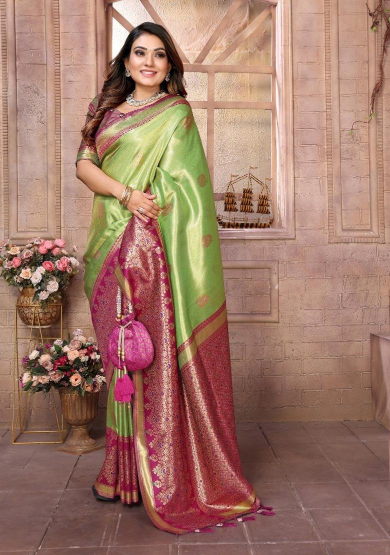 Parrot Green Jacquard Weaving Banarasi Silk Saree Set