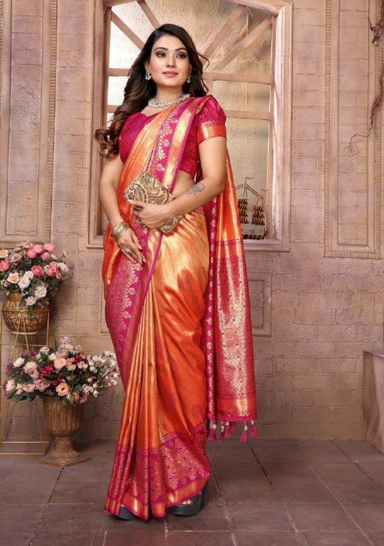 Orange Jacquard Weaving Banarasi Silk Saree Set