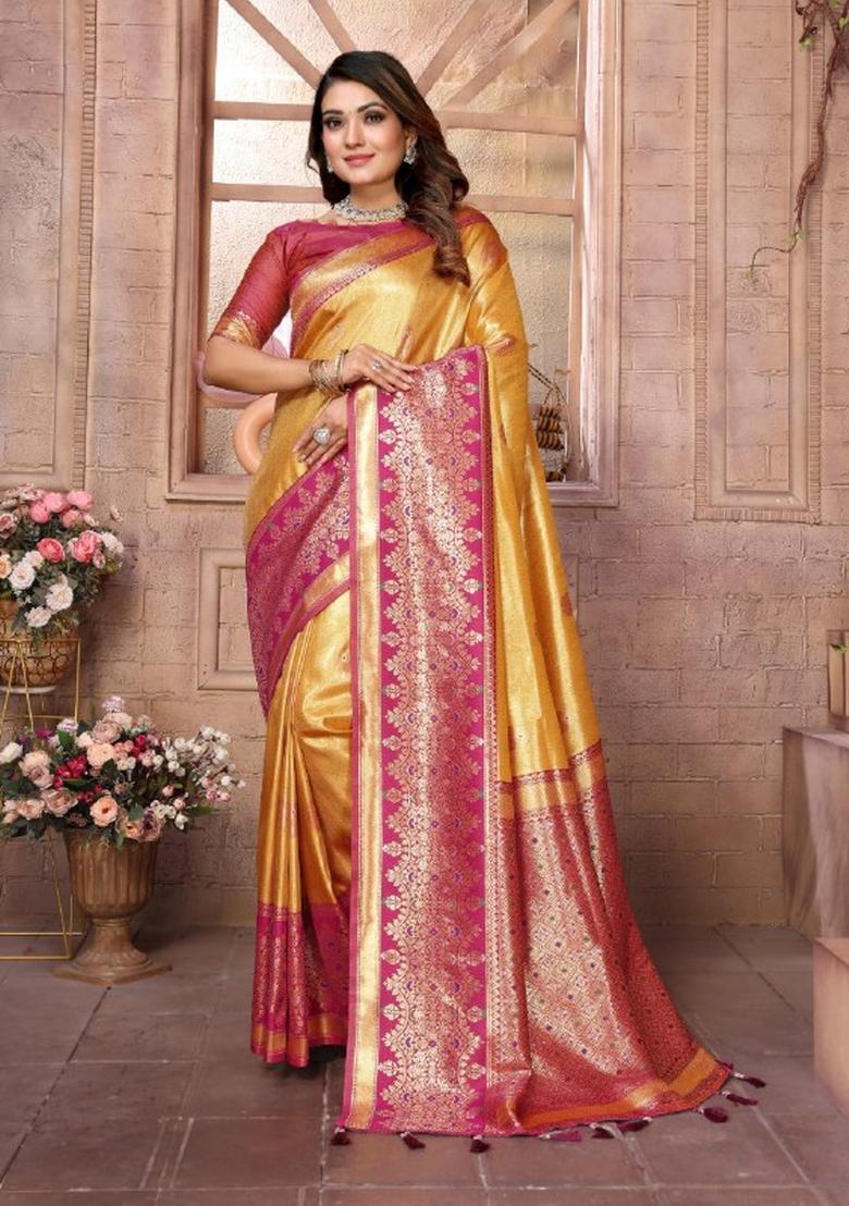 Yellow Jacquard Weaving Banarasi Silk Saree Set