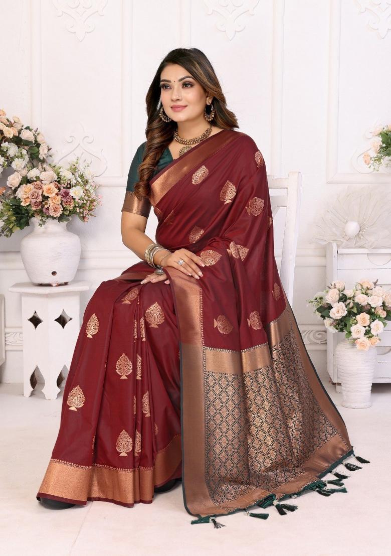 Maroon Jacquard Weaving Lichi Soft Silk Saree Set