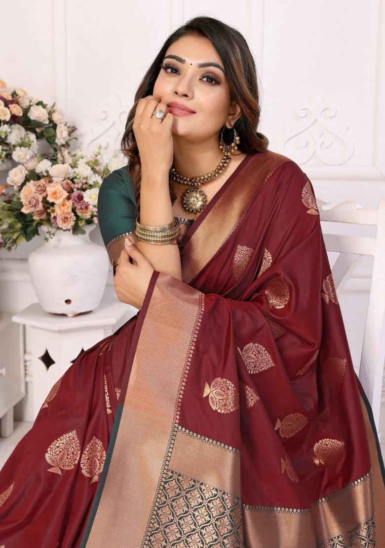 Maroon Jacquard Weaving Lichi Soft Silk Saree Set