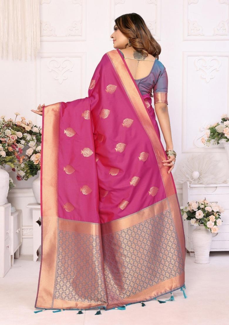 Pink Jacquard Weaving Lichi Soft Silk Saree Set