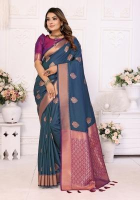 Teal Blue Jacquard Weaving Lichi Soft Silk Saree Set