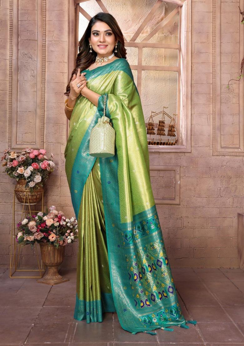Pista Green Jacquard Weaving Banarasi Silk Saree Set