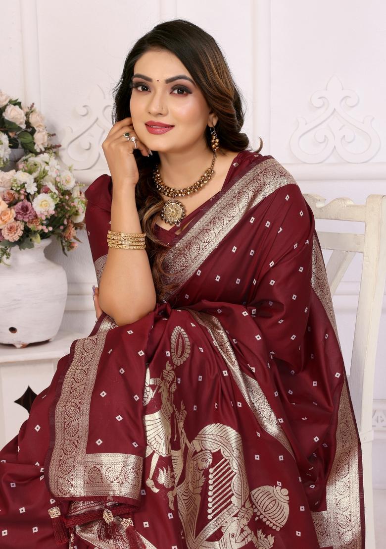 Maroon Jacquard Weaving Lichi Soft Silk Saree Set