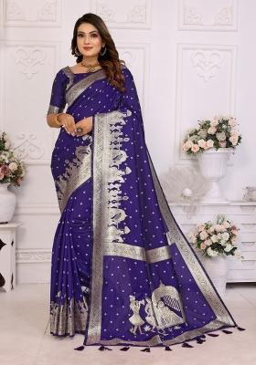 Navy Blue Jacquard Weaving Lichi Soft Silk Saree Set