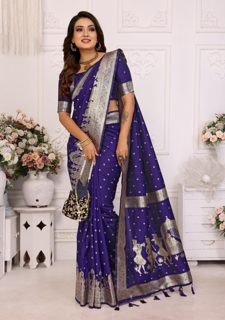 Navy Blue Jacquard Weaving Lichi Soft Silk Saree Set