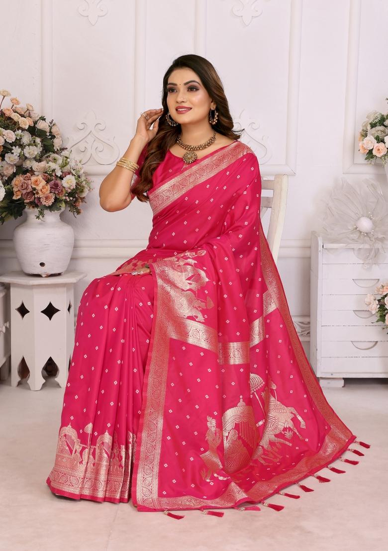 Rani Pink Jacquard Weaving Lichi Soft Silk Saree Set