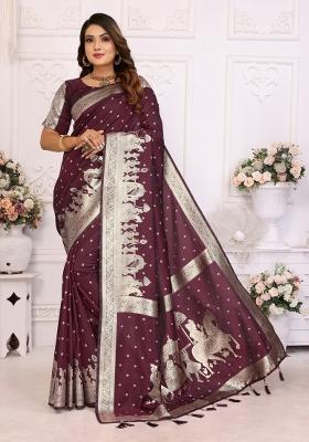 Wine Jacquard Weaving Lichi Soft Silk Saree Set