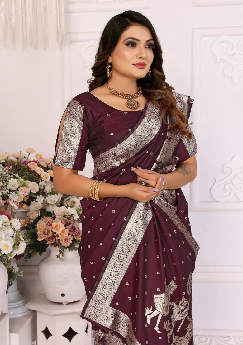 Wine Jacquard Weaving Lichi Soft Silk Saree Set