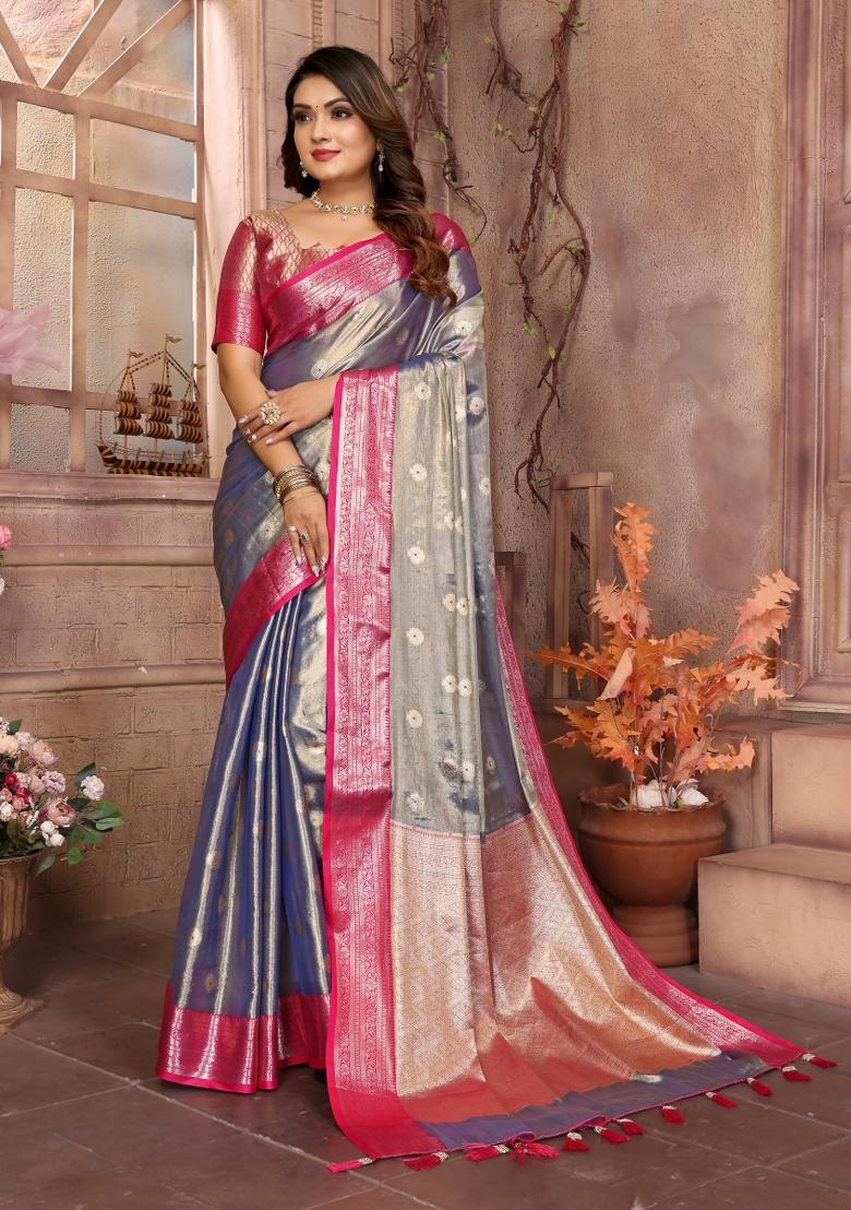 Blue Zari Weaving Work Tissue Silk Saree Set
