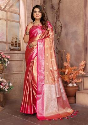 Peach Zari Weaving Work Tissue Silk Saree Set