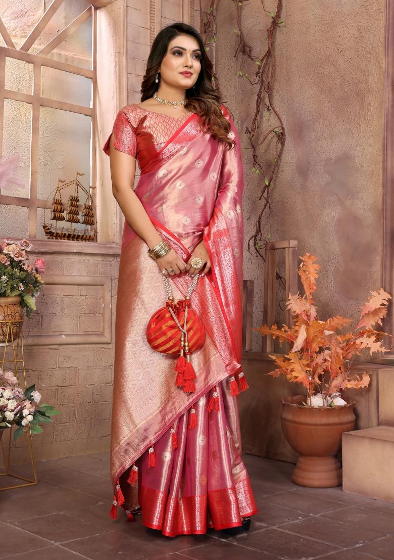 Pink Zari Weaving Work Tissue Silk Saree Set