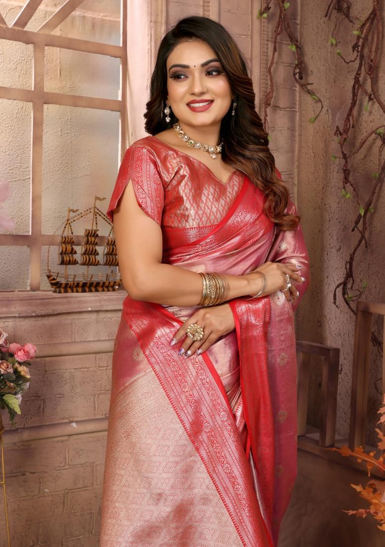 Pink Zari Weaving Work Tissue Silk Saree Set