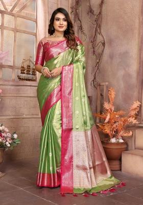 Pista Green Zari Weaving Work Tissue Silk Saree Set