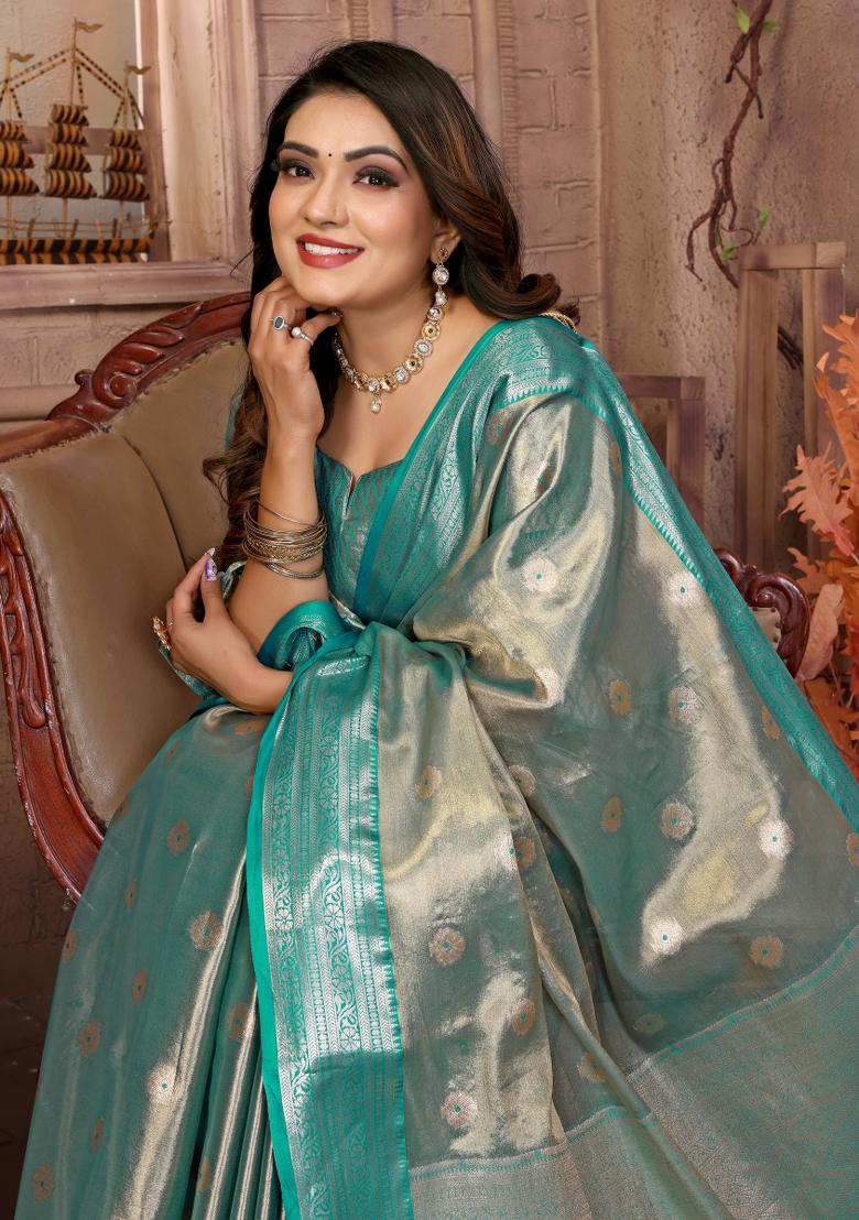 Rama Green Zari Weaving Work Tissue Silk Saree Set
