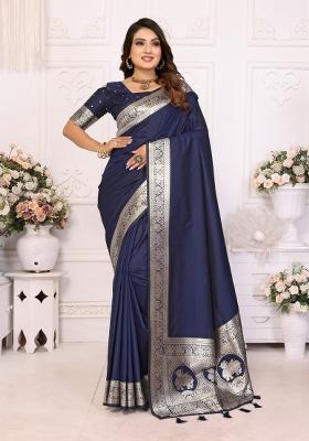 Navy Blue Jacquard Weaving Banarasi Silk Saree Set