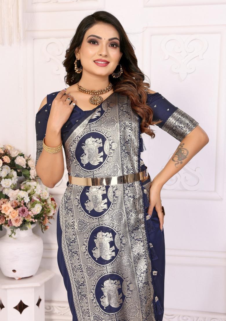 Navy Blue Jacquard Weaving Banarasi Silk Saree Set