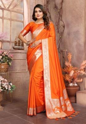 Orange Jacquard Weaving Banarasi Silk Saree Set