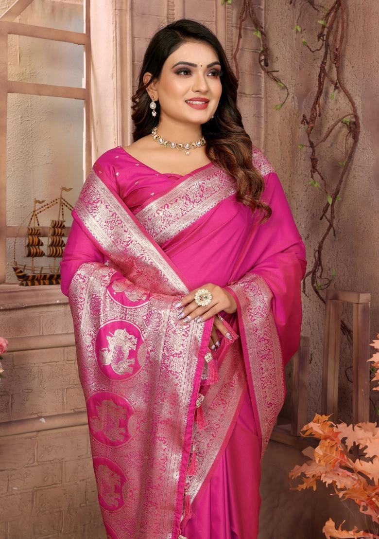 Rani Pink Jacquard Weaving Banarasi Silk Saree Set