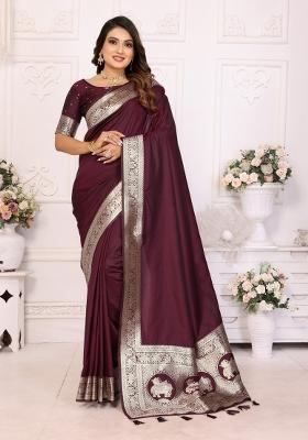 Wine Jacquard Weaving Banarasi Silk Saree Set