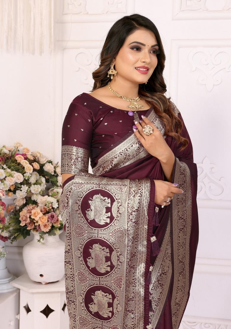 Wine Jacquard Weaving Banarasi Silk Saree Set