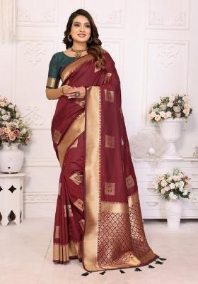 Maroon Jacquard Weaving Lichi Soft Silk Saree Set