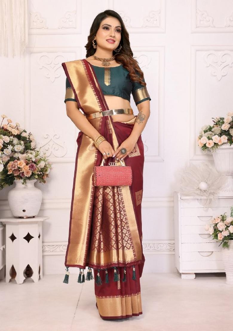 Maroon Jacquard Weaving Lichi Soft Silk Saree Set