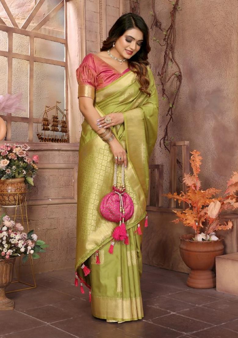 Pista Green Jacquard Weaving Lichi Soft Silk Saree Set