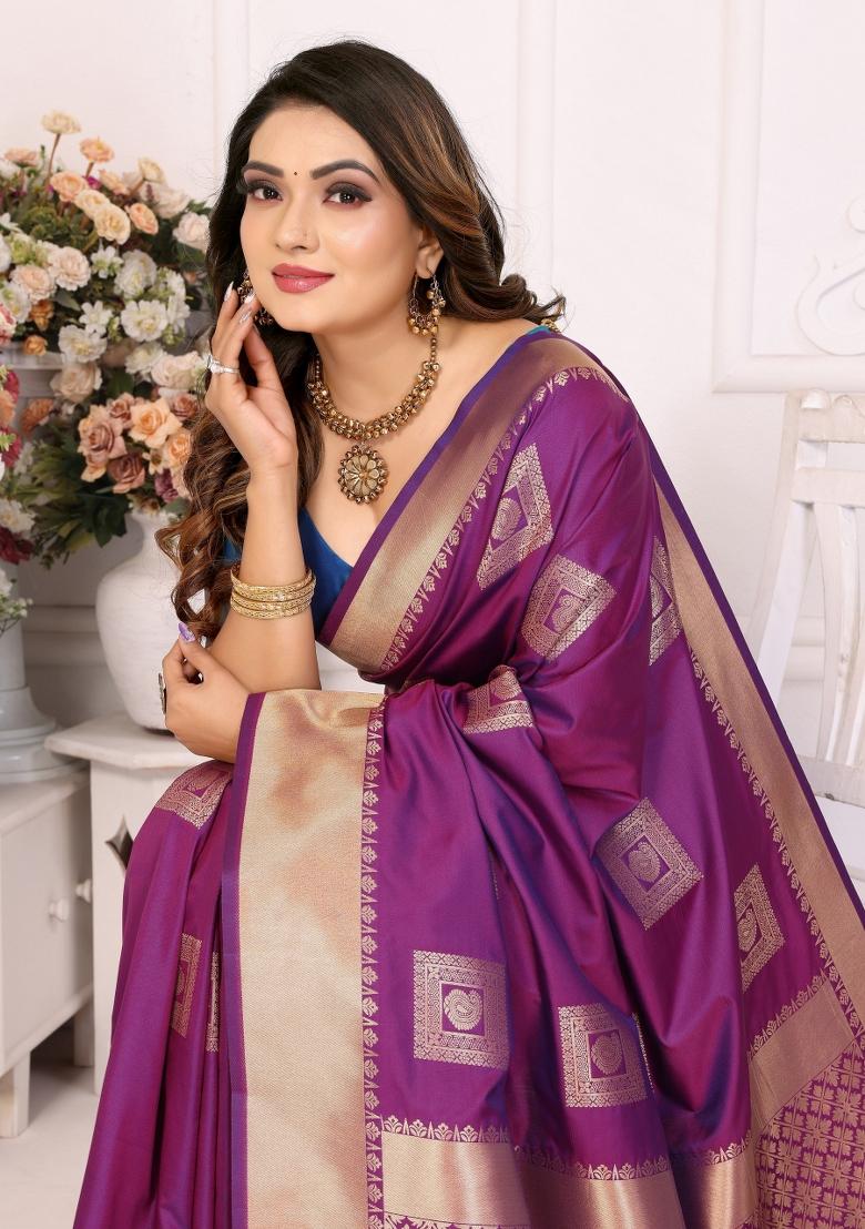 Purple Jacquard Weaving Lichi Soft Silk Saree Set