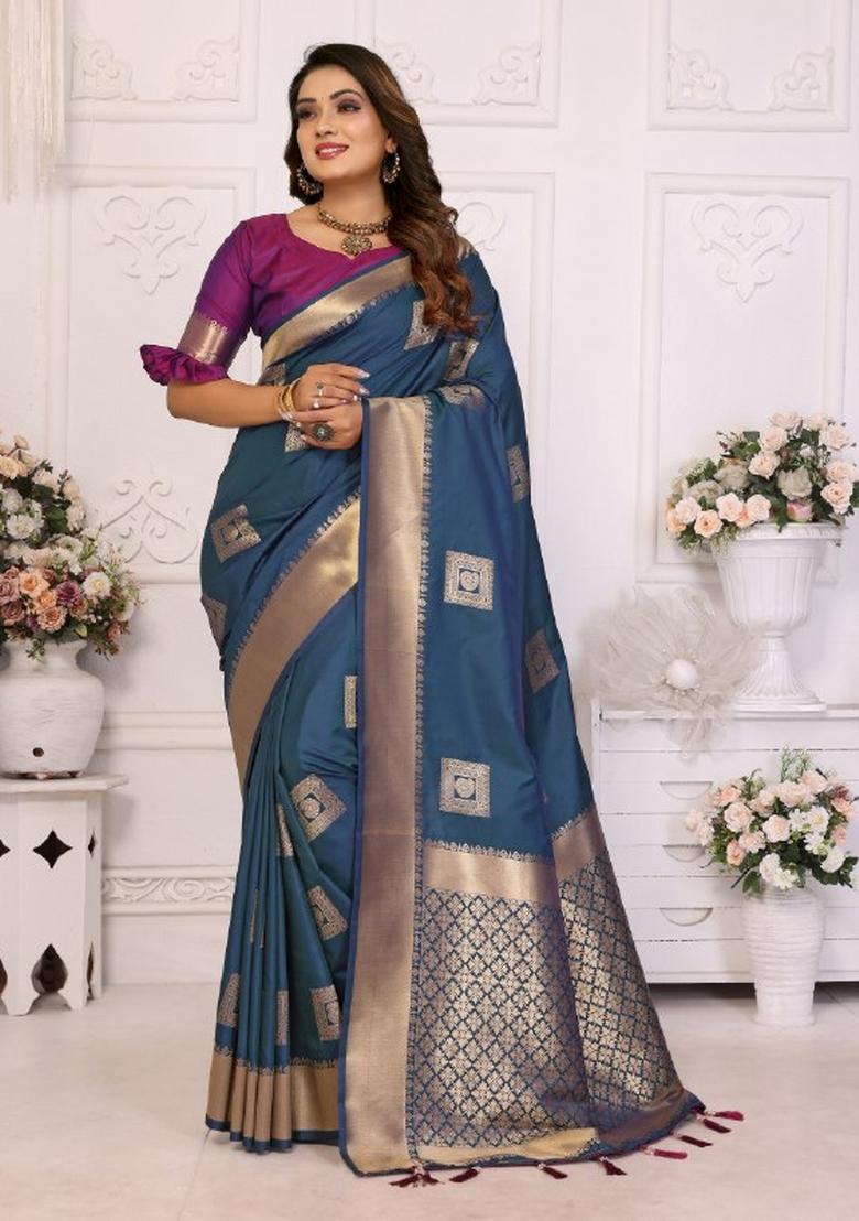 Teal Blue Jacquard Weaving Lichi Soft Silk Saree Set