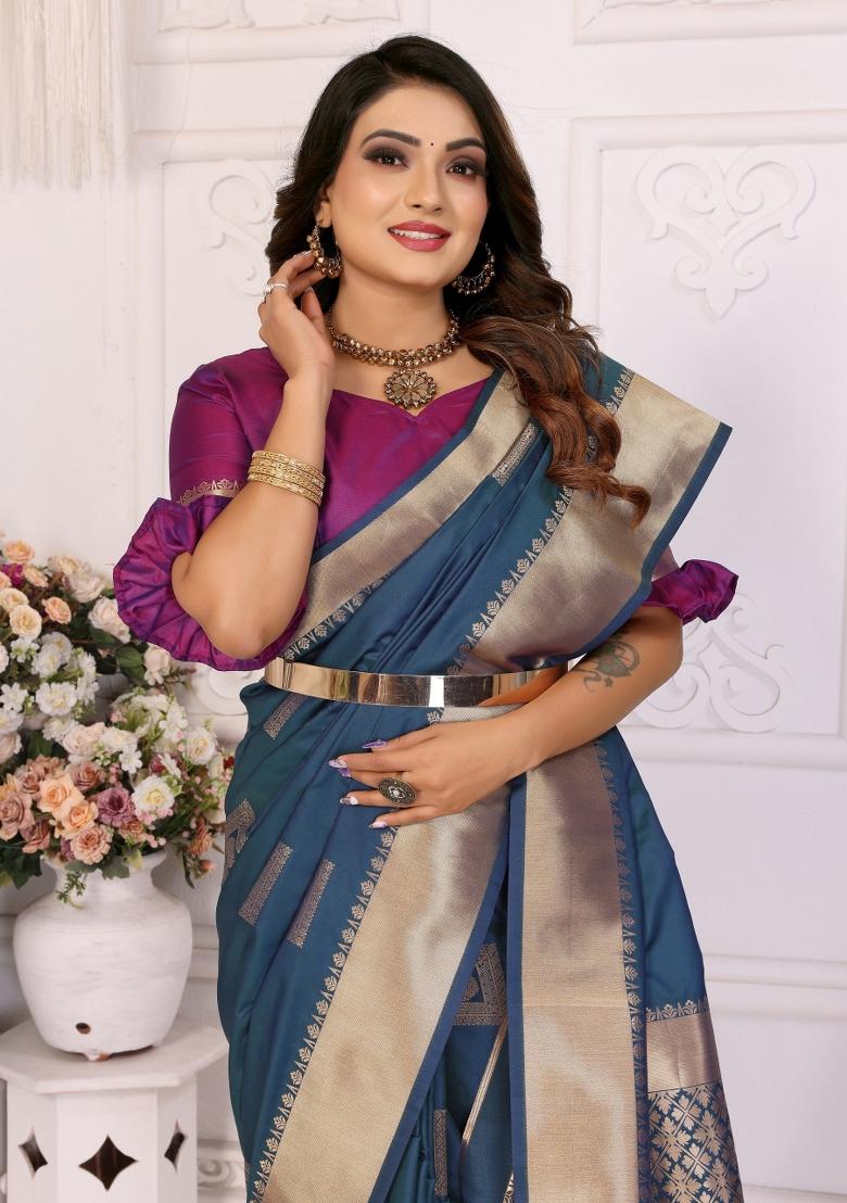 Teal Blue Jacquard Weaving Lichi Soft Silk Saree Set