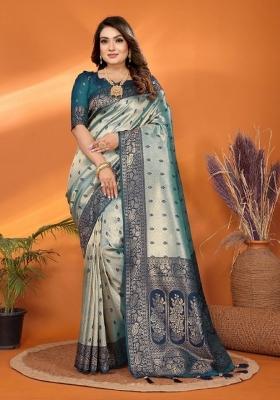 Blue Jacquard Weaving Tissue Silk Saree Set