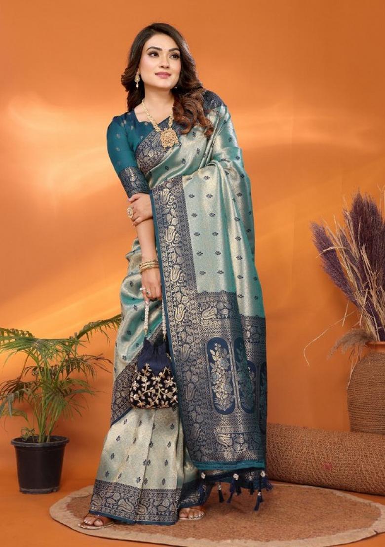 Blue Jacquard Weaving Tissue Silk Saree Set