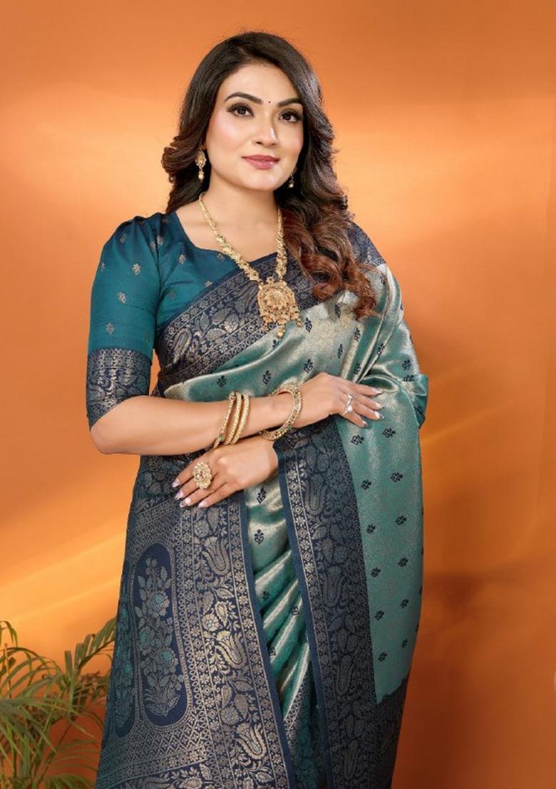 Blue Jacquard Weaving Tissue Silk Saree Set