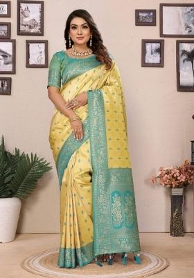 Yellow Jacquard Weaving Tissue Silk Saree Set