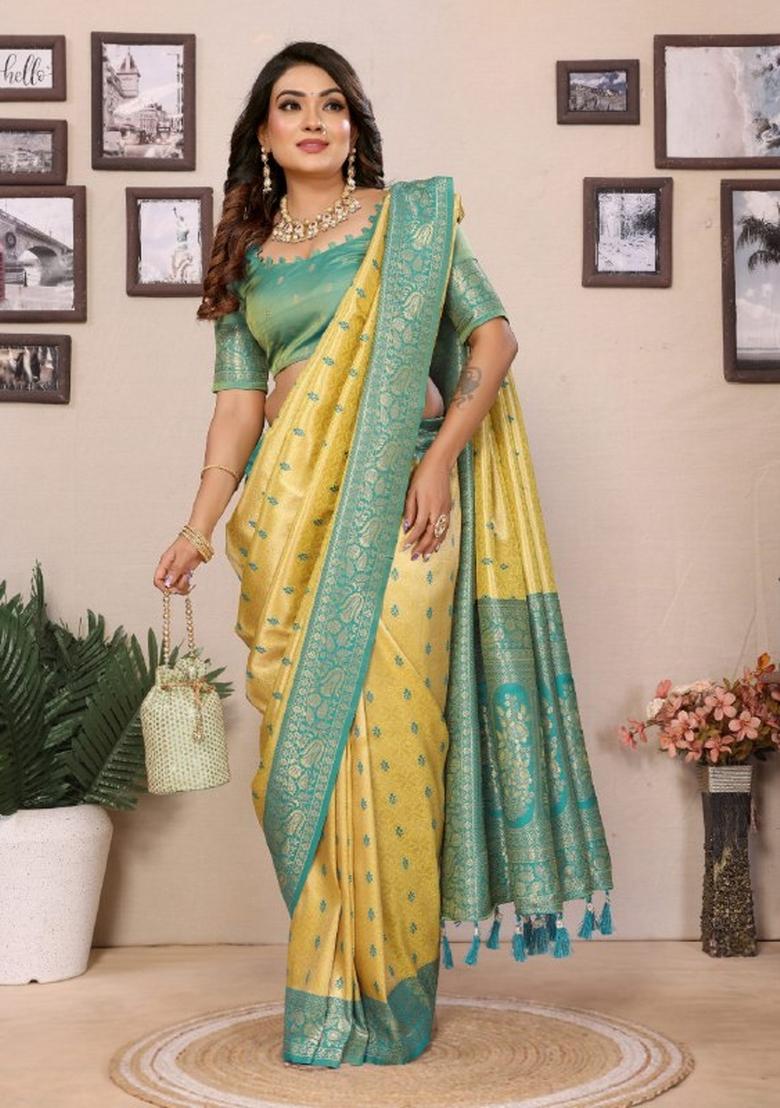 Yellow Jacquard Weaving Tissue Silk Saree Set