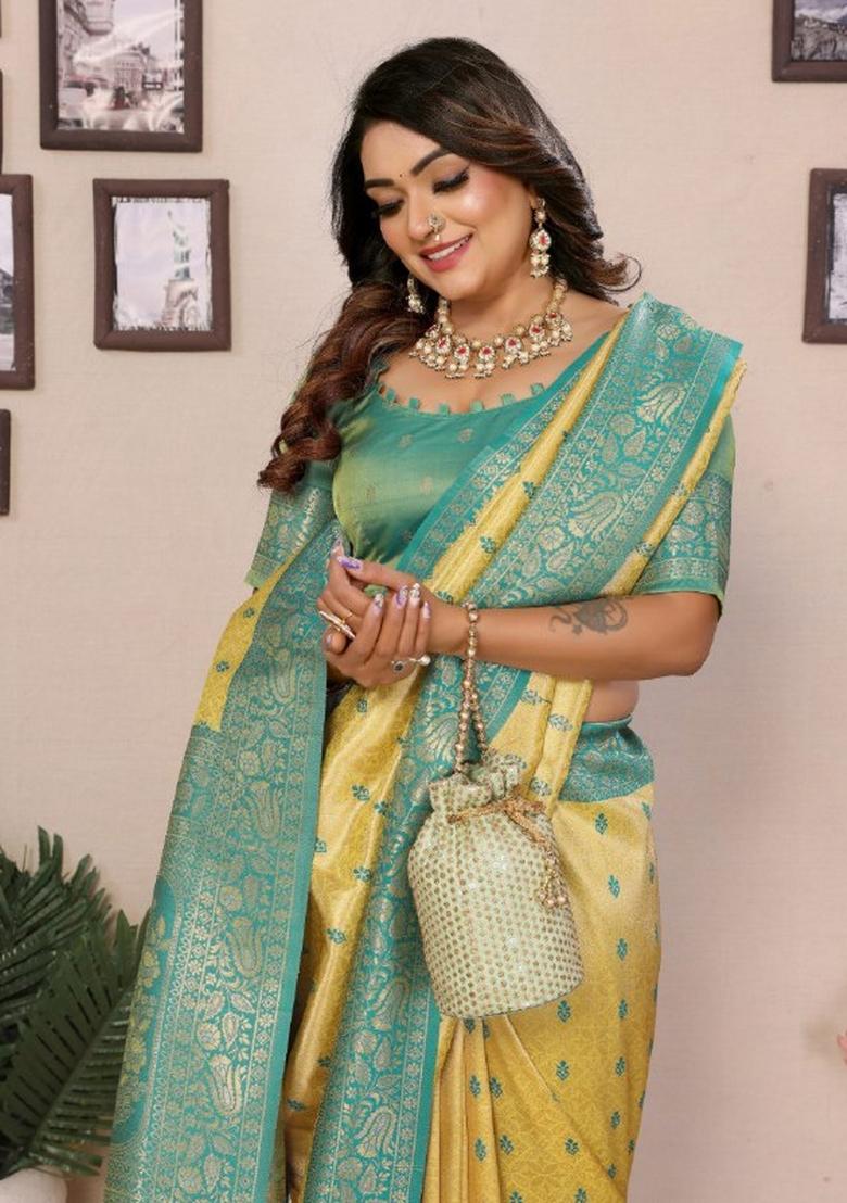 Yellow Jacquard Weaving Tissue Silk Saree Set