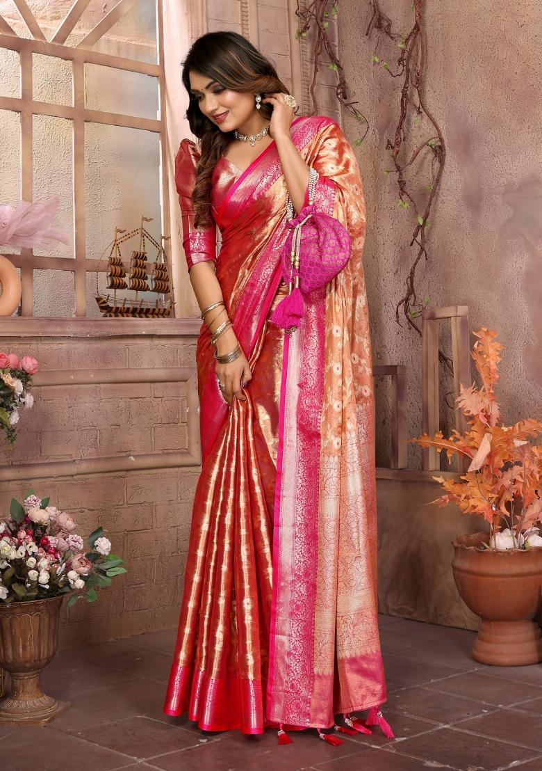 Pink Zari Weaving Work Tissue Silk Saree Set