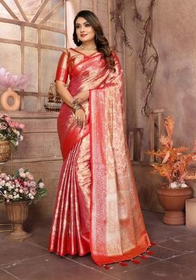 Peach Zari Weaving Work Tissue Silk Saree Set