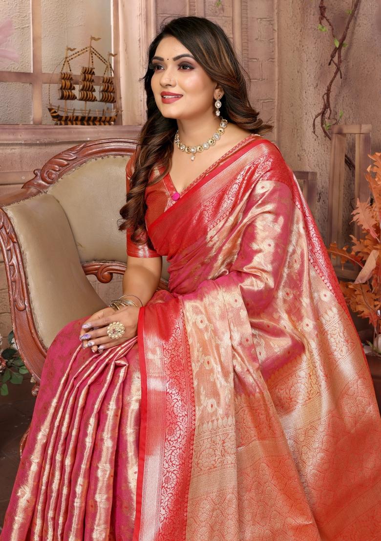 Peach Zari Weaving Work Tissue Silk Saree Set