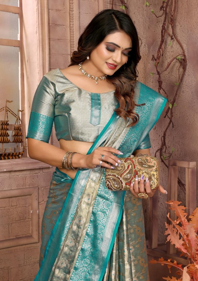Grey Zari Weaving Work Tissue Silk Saree Set